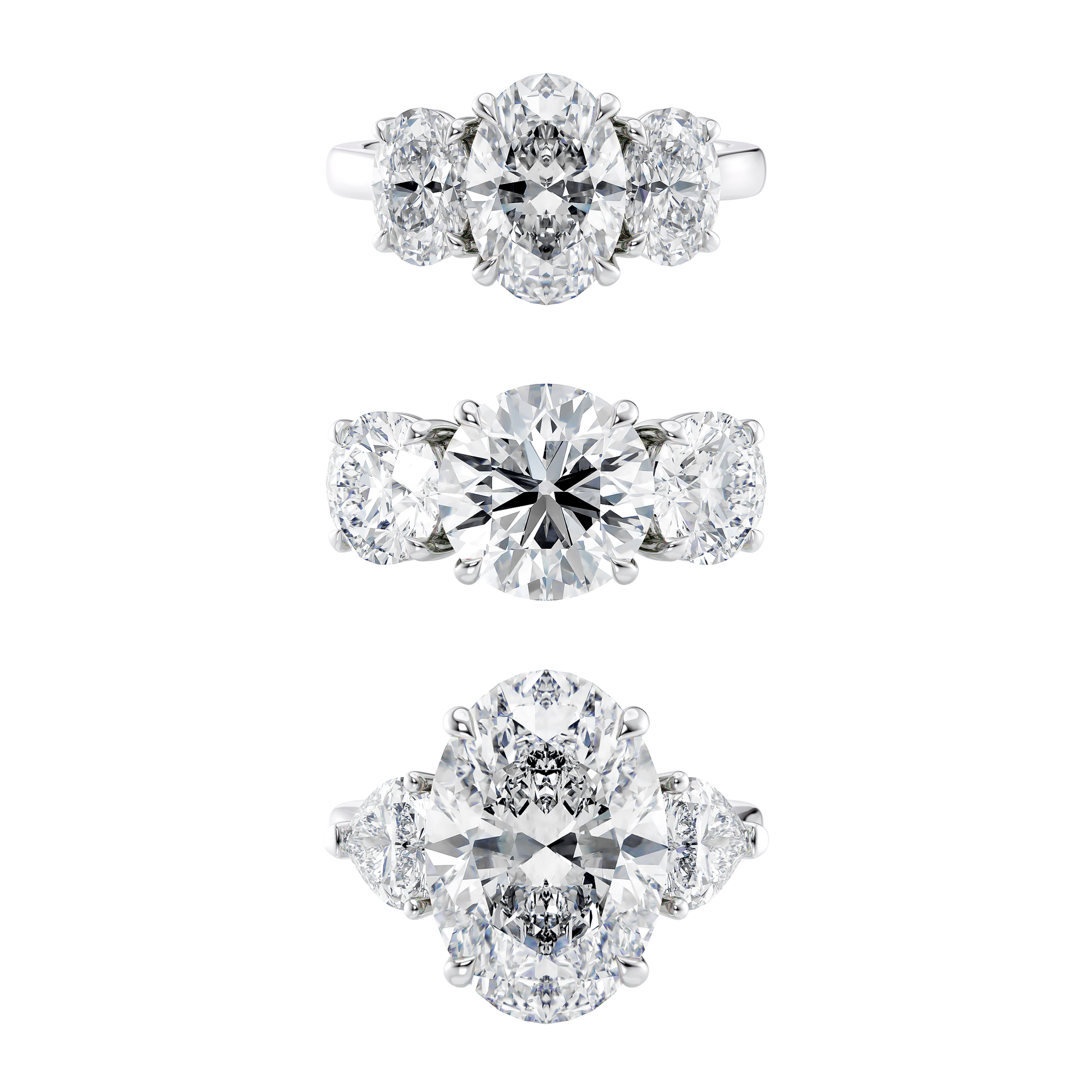 Three stone design options from mcguire diamonds Ireland, oval three stone, round three stone and oval and heart three stone engagement rings on a white background