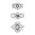 Three stone design options from mcguire diamonds Ireland, oval three stone, round three stone and oval and heart three stone engagement rings on a white background