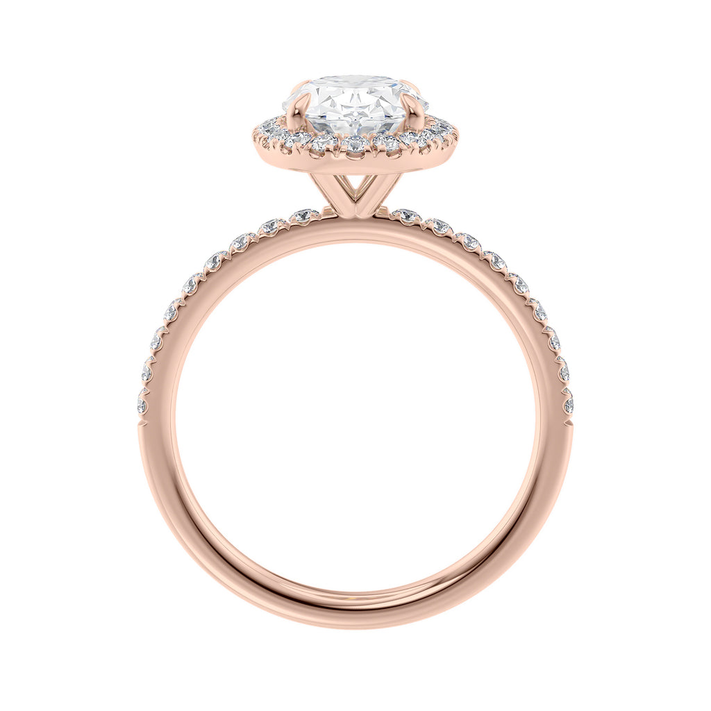 Lab grown diamond halo with slim diamond set band 18ct rose gold side view.
