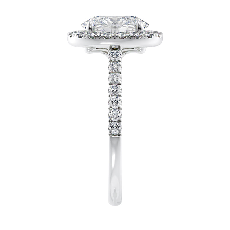 Oval halo classic diamond engagement ring white gold end view.