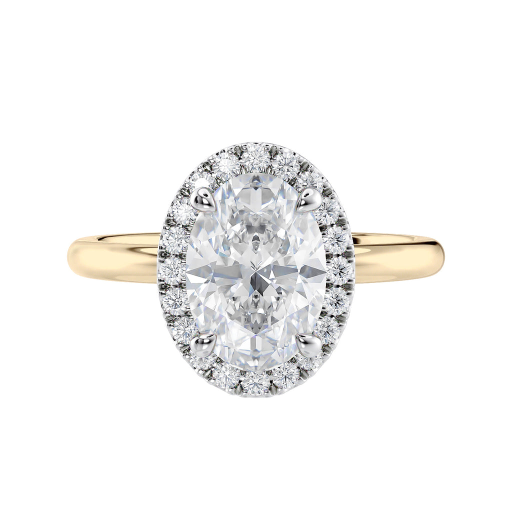 Lab grown diamond halo engagement ring with slim band 18ct gold front view.