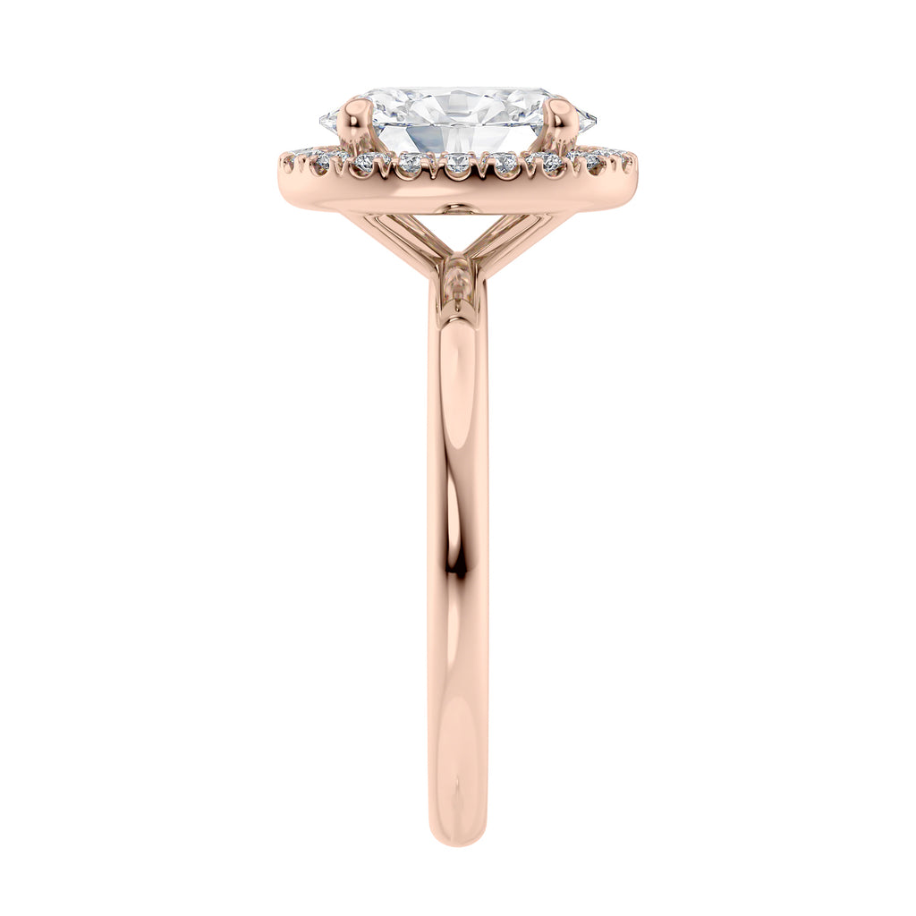 Lab grown diamond halo engagement ring with slim band 18ct rose gold end view.