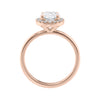 Lab grown diamond halo engagement ring with slim band 18ct rose gold side view.