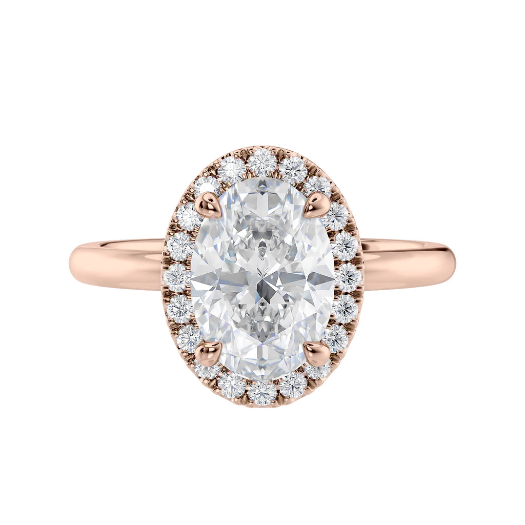 Lab grown diamond halo engagement ring with slim band 18ct rose gold front view.