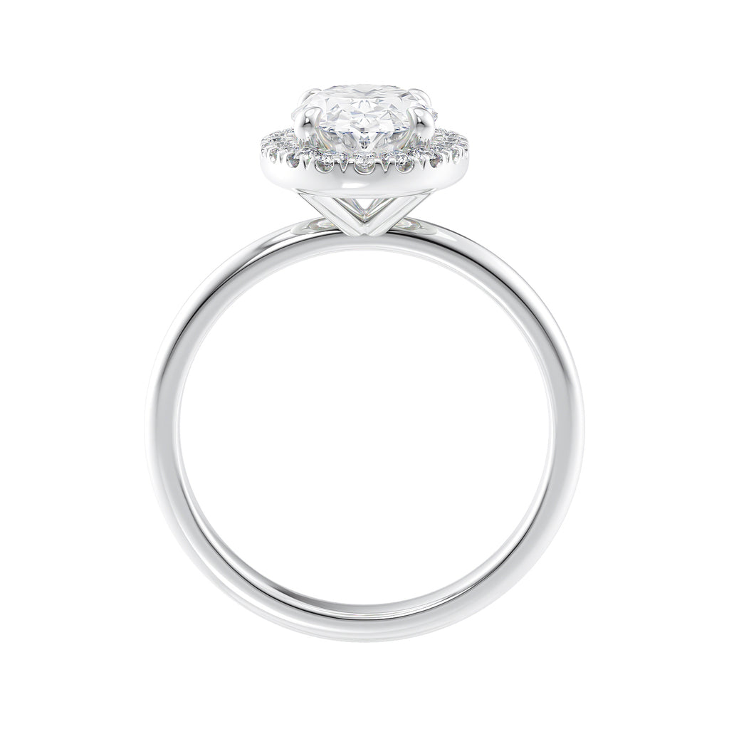 Lab grown diamond halo engagement ring with slim band white gold side view.