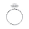 Lab grown diamond halo engagement ring with slim band white gold side view.