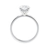 Oval solitaire diamond engagement ring with a hidden halo in white gold side view.