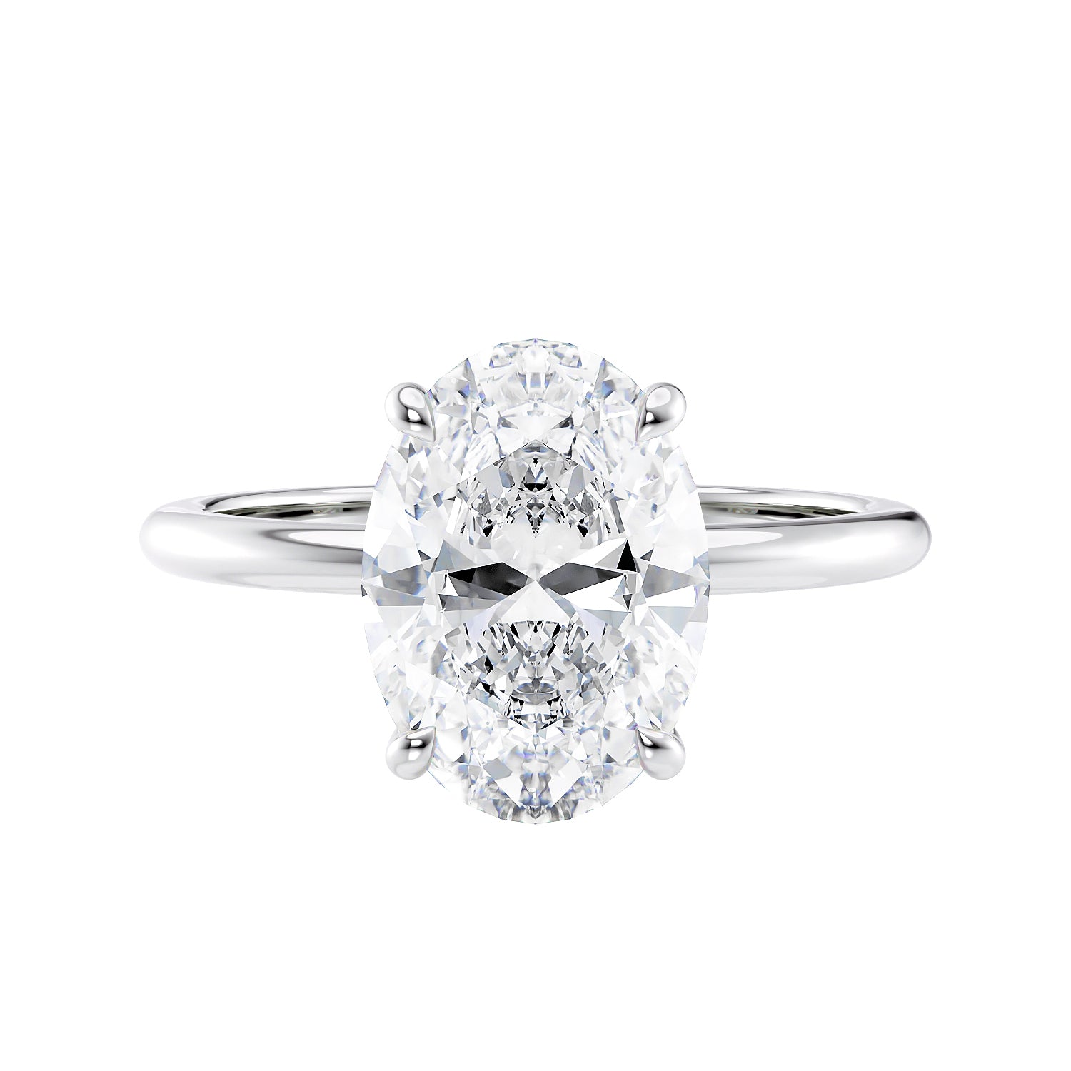 Oval solitaire diamond engagement ring with a hidden halo in white gold front view.