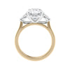 Oval Lab grown diamond three stone engagement ring with pear cut accent stones 18ct gold side view.
