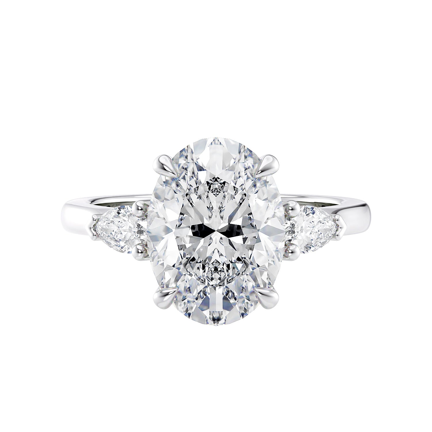 Oval Lab grown diamond three stone engagement ring with pear cut accent stones platinum front view.