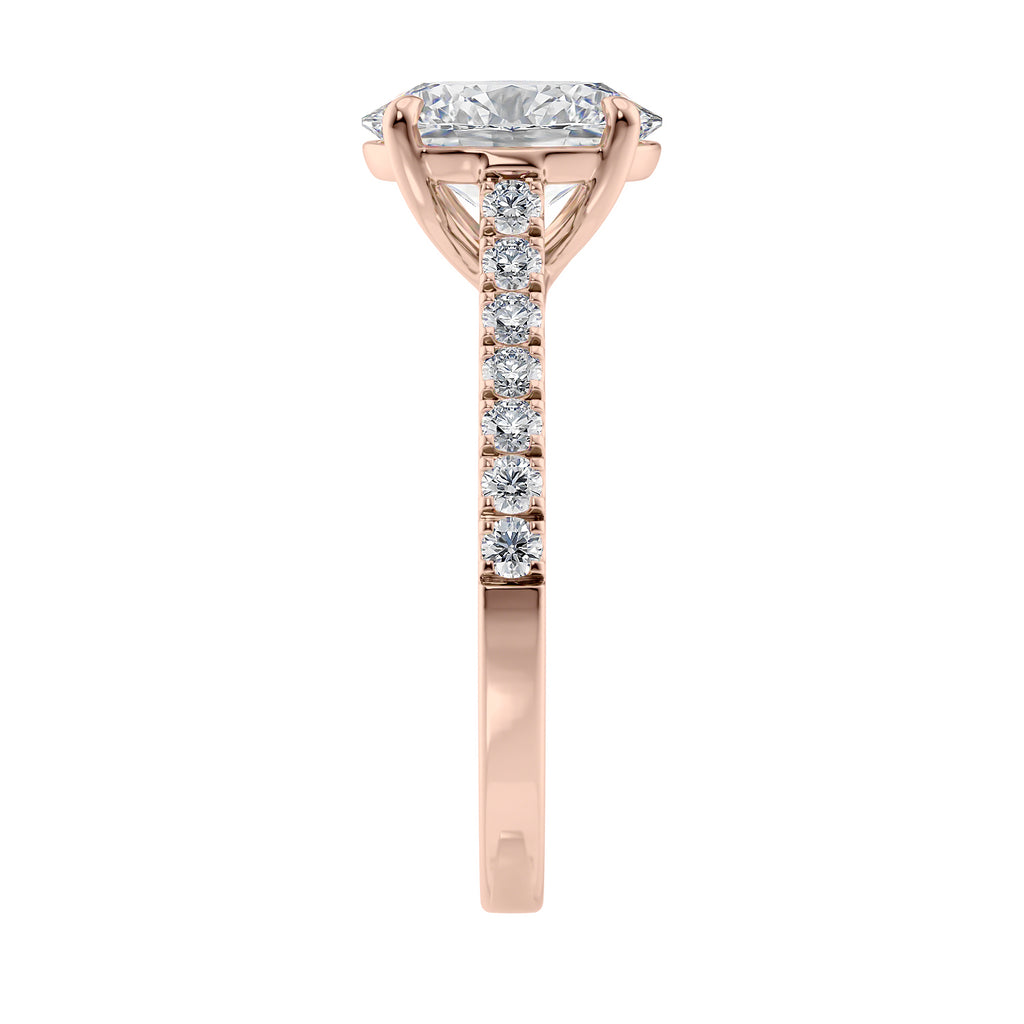 Laboratory grown diamond oval solitaire engagement ring with diamond set band 18ct rose gold end view.