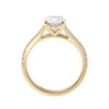 Oval solitaire lab grown diamond engagement ring with half set split band 18ct gold side view.