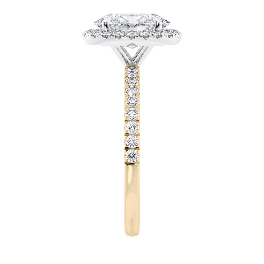 18 carat gold oval halo engagement ring end view.
