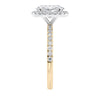 18 carat gold oval halo engagement ring end view.