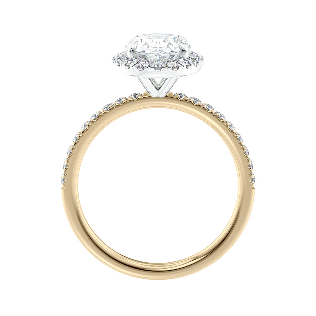 18 carat gold oval halo engagement ring side view.