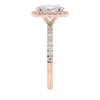 18 carat rose gold oval halo engagement ring end view.