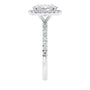 18 carat white gold oval halo engagement ring end view.