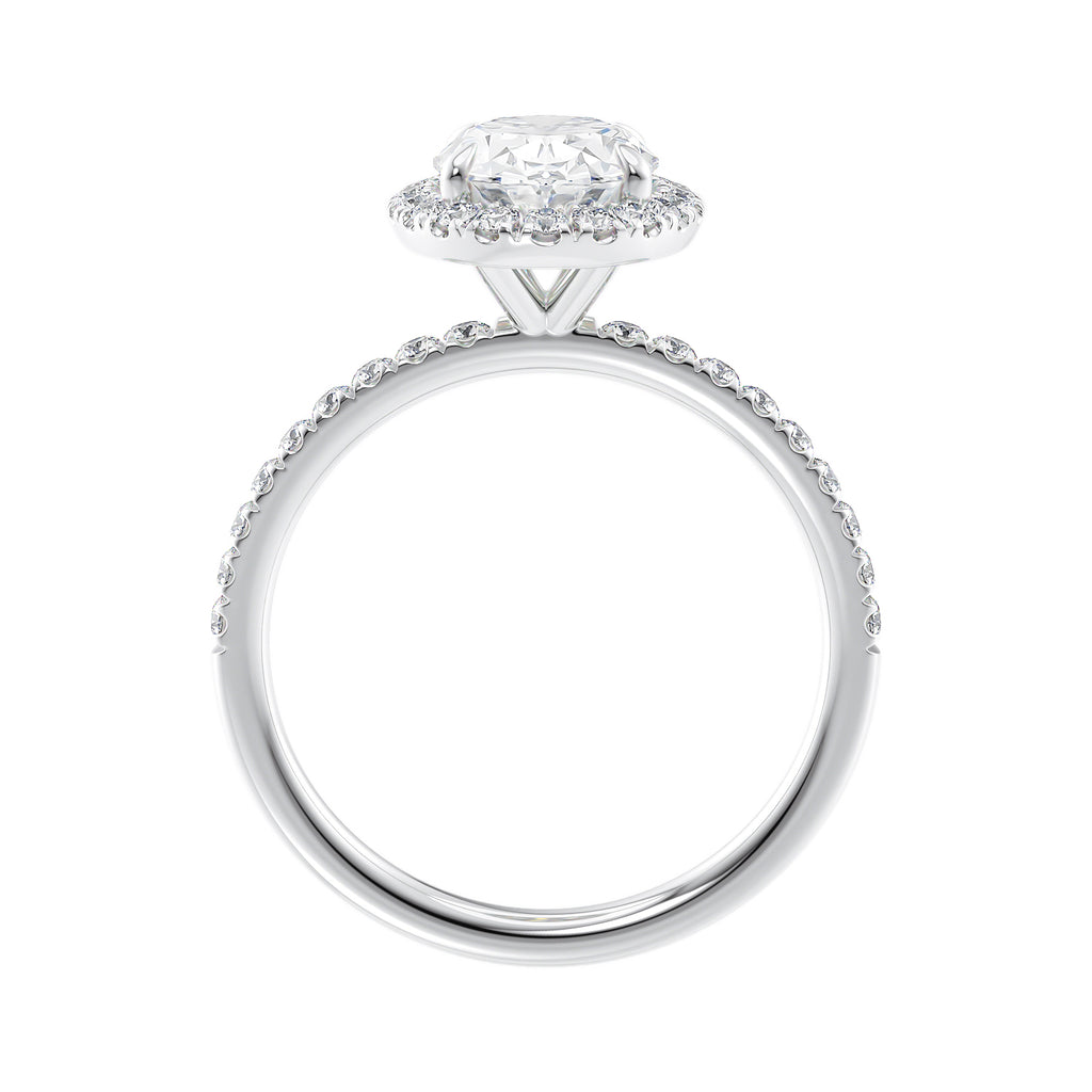18 carat white gold oval halo engagement ring side view.