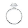 18 carat white gold oval halo engagement ring side view.