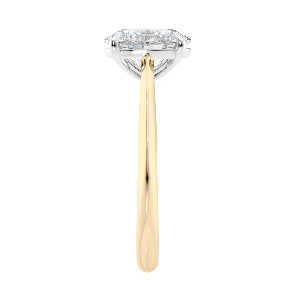 2 carat oval lab grown diamond engagement ring with diamond set bridge 18ct gold end view.