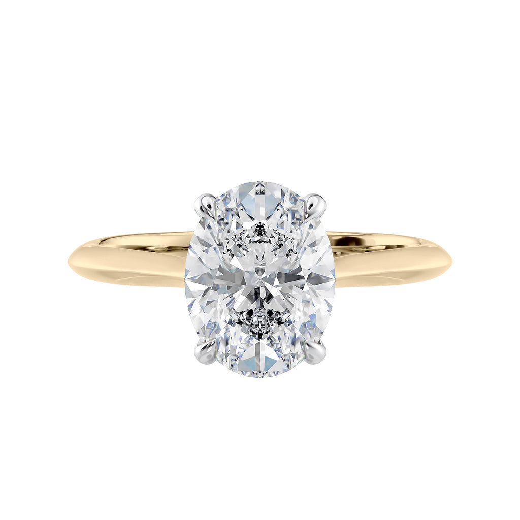 2 carat oval lab grown diamond engagement ring with diamond set bridge 18ct gold front view.