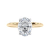 2 carat oval lab grown diamond engagement ring with diamond set bridge 18ct gold front view.