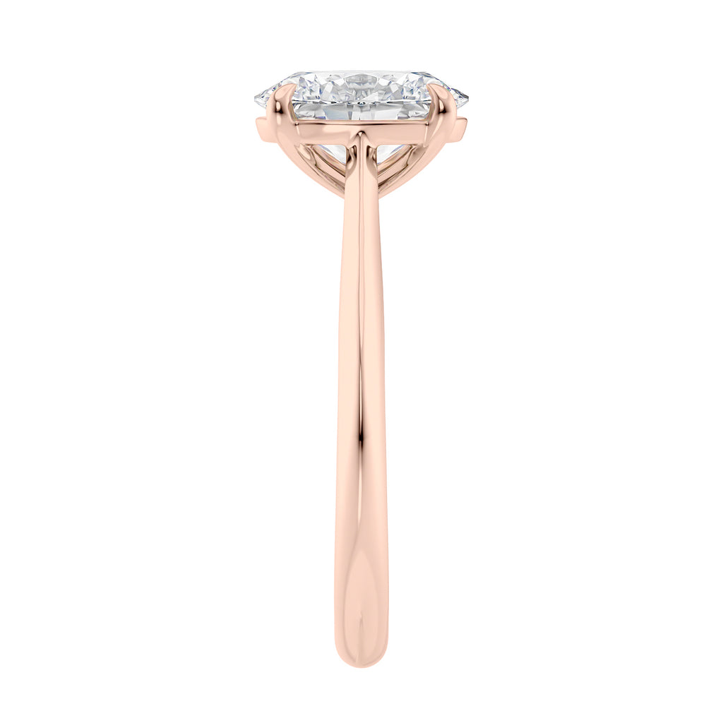 2 carat oval lab grown diamond engagement ring with diamond set bridge 18ct rose gold end view.