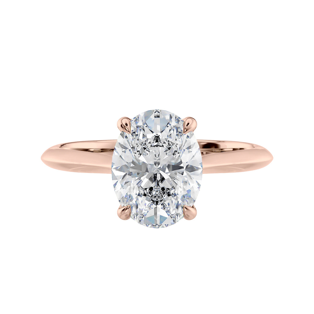 2 carat oval lab grown diamond engagement ring with diamond set bridge 18ct rose gold front view.