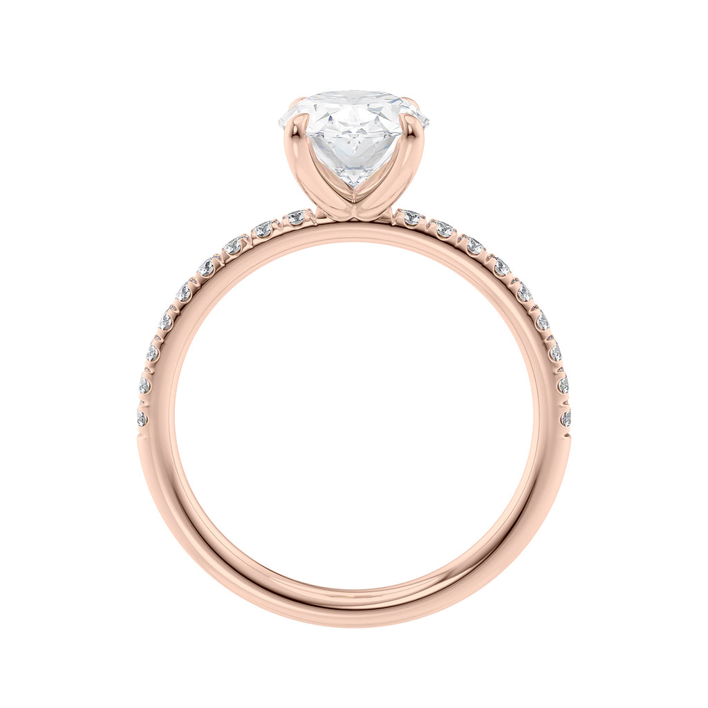 Laboratory grown diamond oval solitaire engagement ring with slim diamond band 18ct rose gold side view.