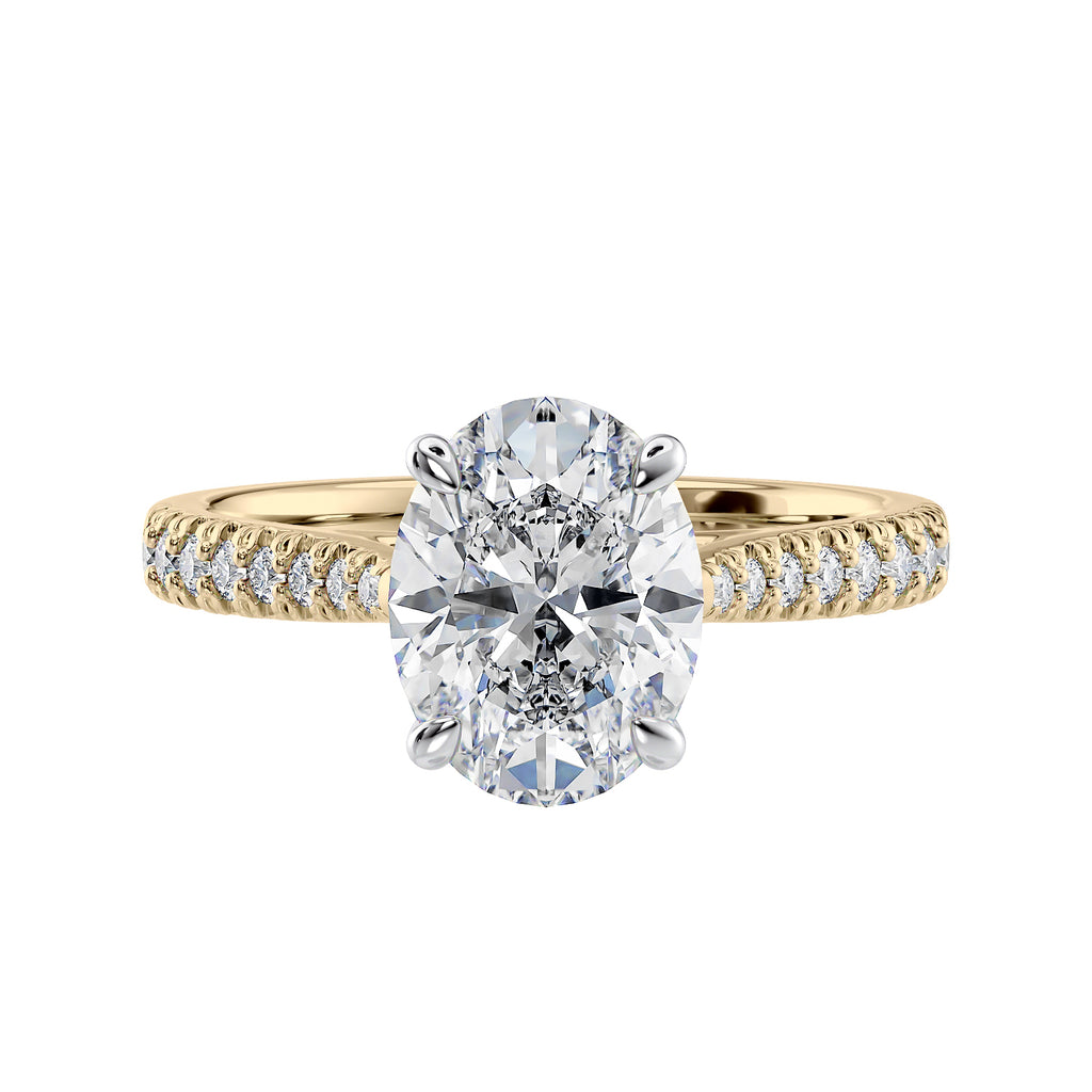 1 carat oval cut lab grown diamond engagement ring with castle set tapered diamond band gold front view.