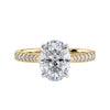 1 carat oval cut lab grown diamond engagement ring with castle set tapered diamond band gold front view.