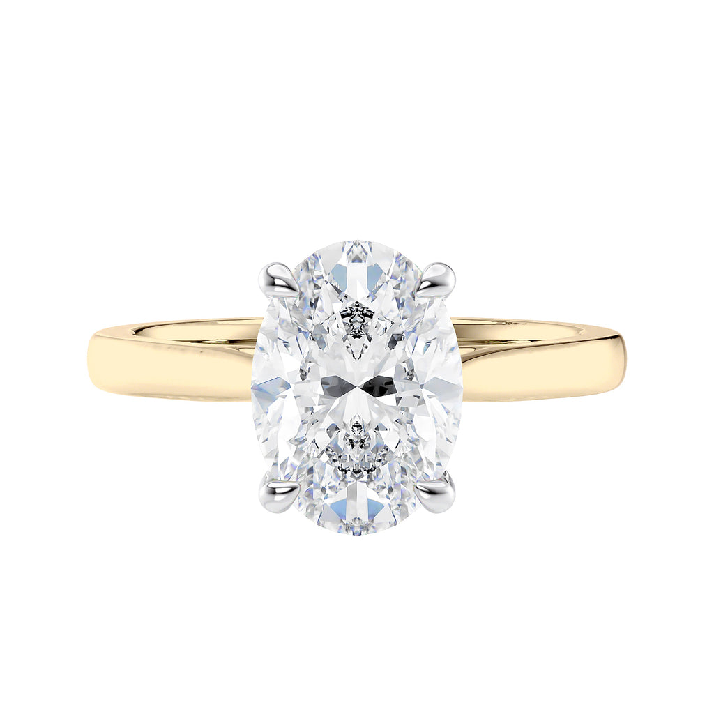 Oval solitaire lab grown diamond engagement ring 18ct gold front view.