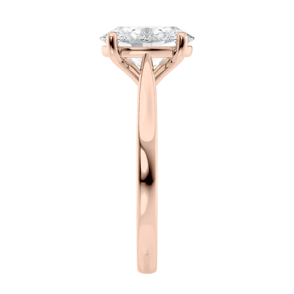 Oval solitaire lab grown diamond engagement ring 18ct rose gold end view.