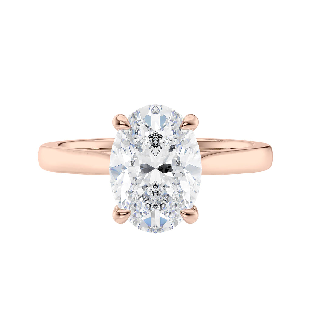 Oval solitaire lab grown diamond engagement ring 18ct rose gold front view.