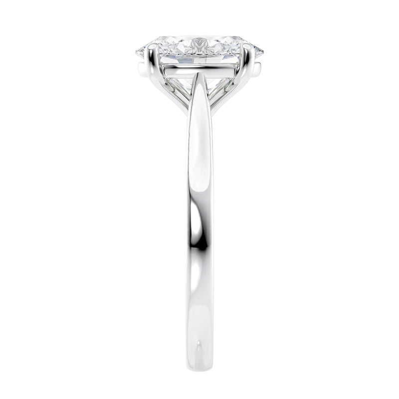 Oval solitaire lab grown diamond engagement ring white gold end view.