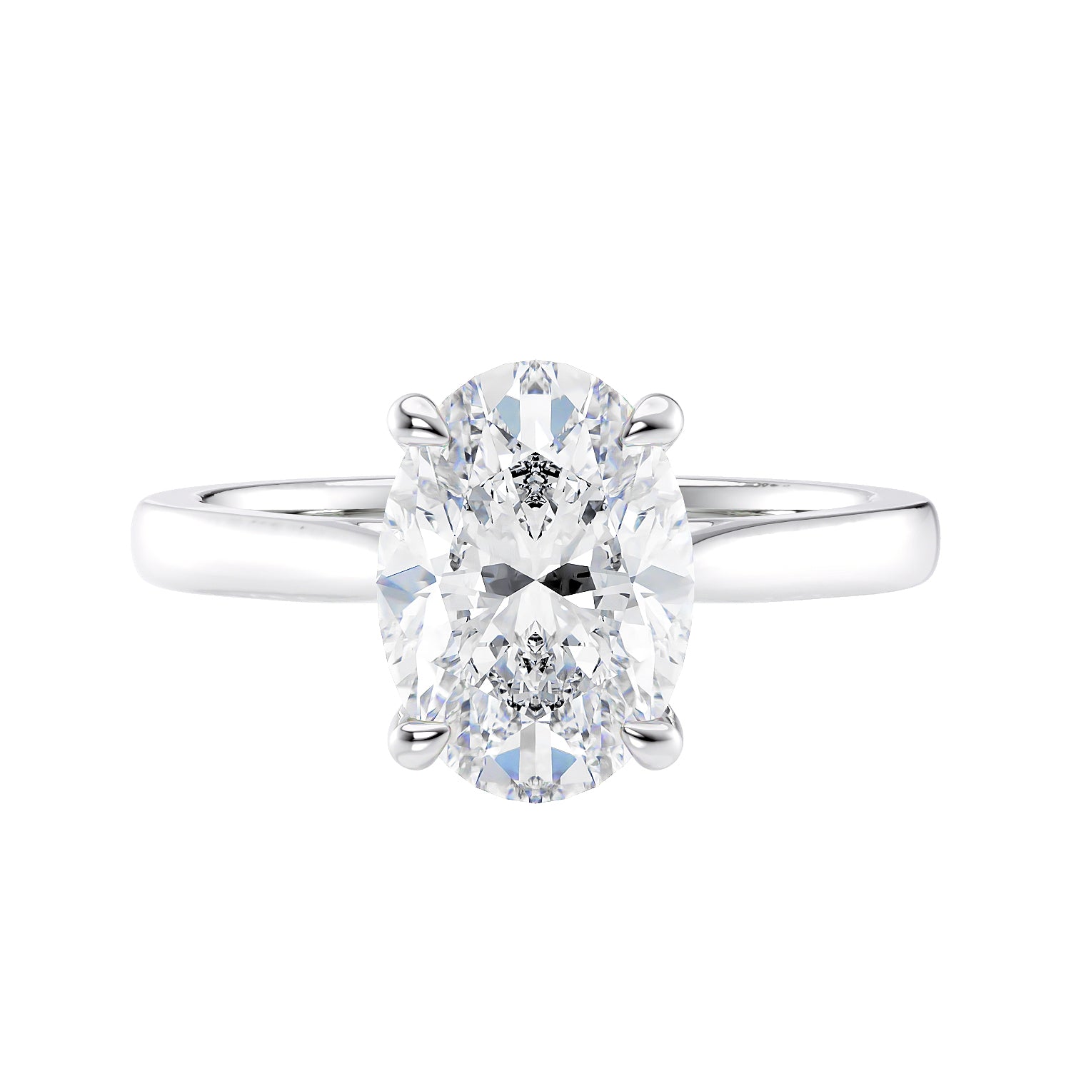Oval solitaire lab grown diamond engagement ring white gold front view.