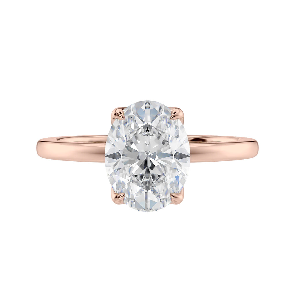 Lab grown oval diamond solitaire engagement ring with contemporary setting 18ct rose gold front view.