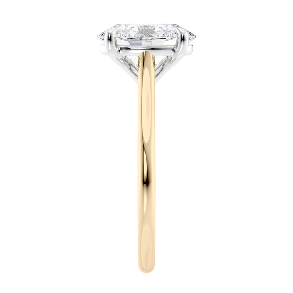 Oval solitaire with ultra slim gold band end view.