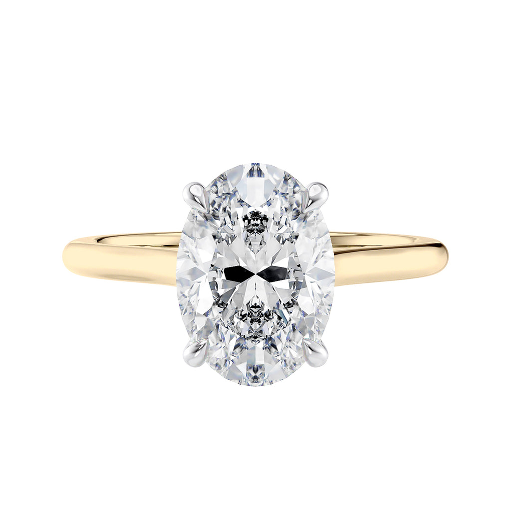 Oval solitaire with ultra slim gold band front view.