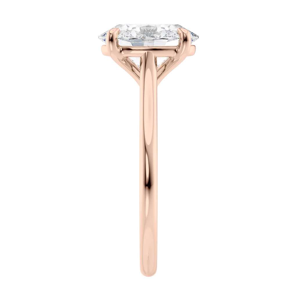 Oval solitaire with ultra slim rose gold band end view.