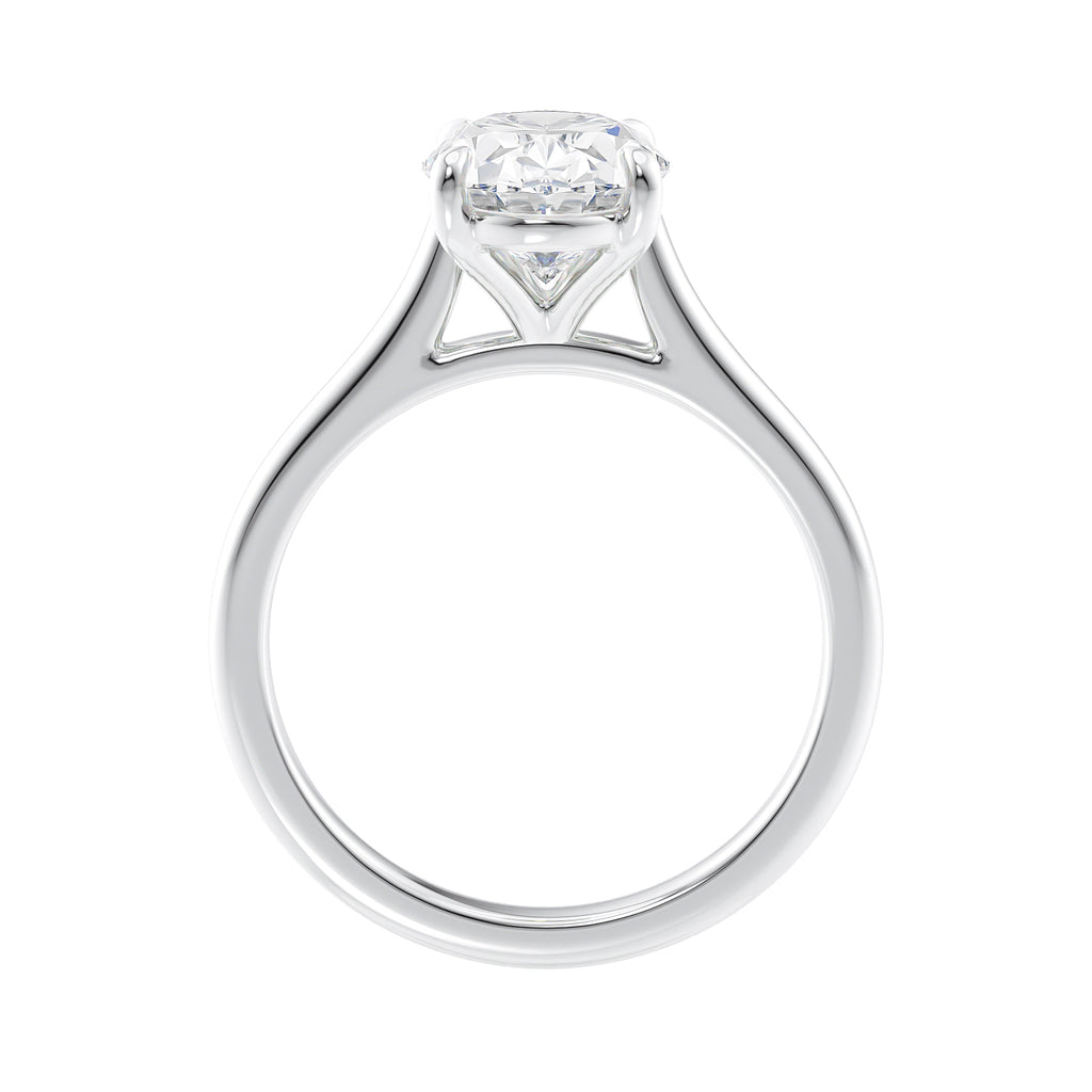 Oval solitaire with ultra slim white gold band side view.
