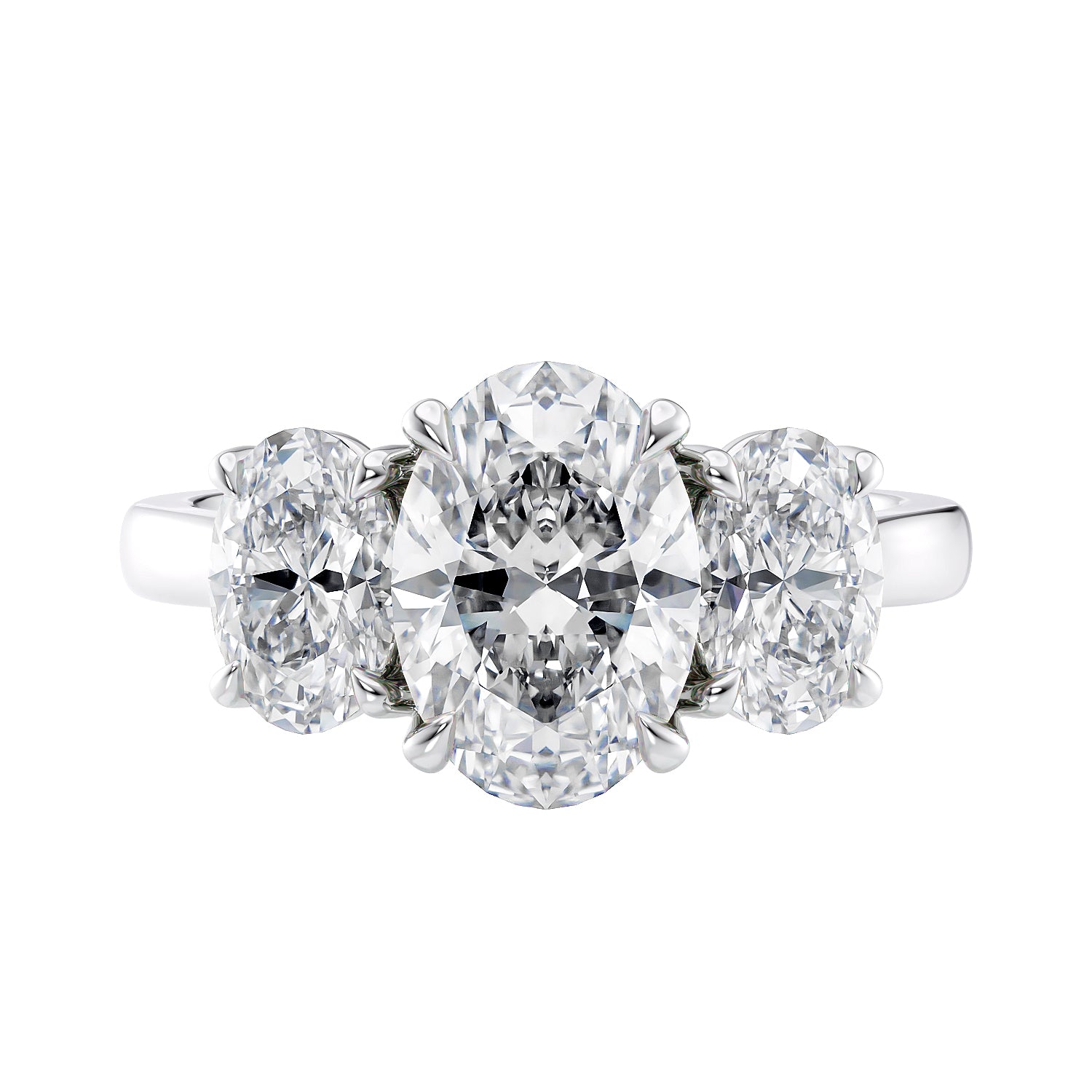 Oval three stone diamond engagement ring platinum on a white background.