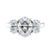 Oval three stone diamond engagement ring platinum on a white background.