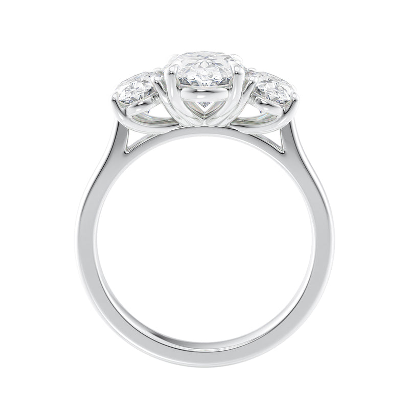 Oval 3 stone diamond engagement ring white gold end view.