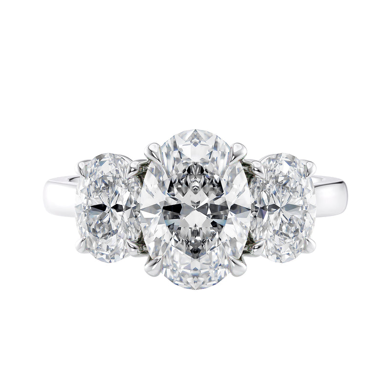 Oval 3 stone diamond engagement ring white gold front view.