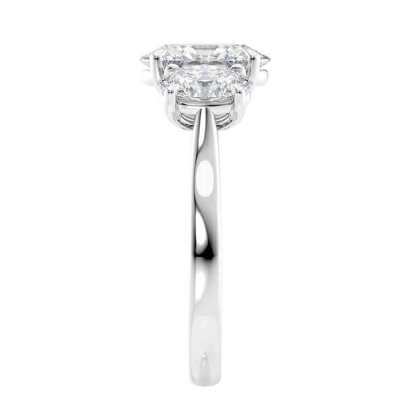 Oval 3 stone diamond engagement ring white gold side view.