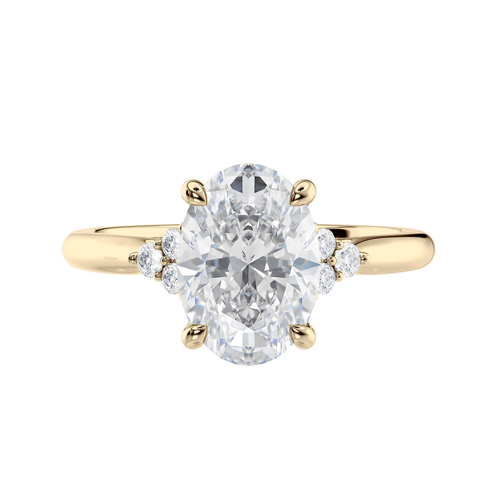 Oval diamond engagement ring with six accent shoulder diamonds 18ct gold front view.