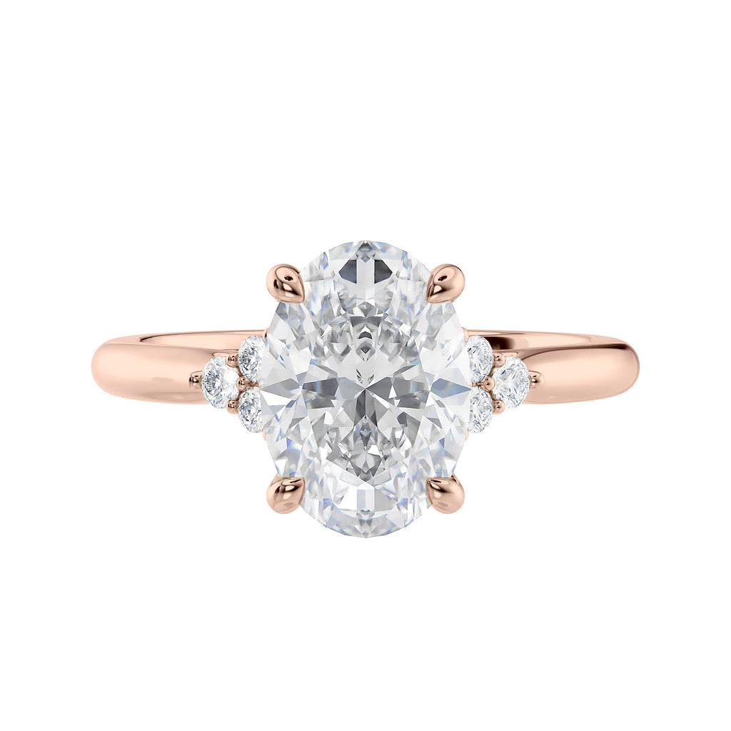 Oval diamond engagement ring with six accent shoulder diamonds rose gold front view.