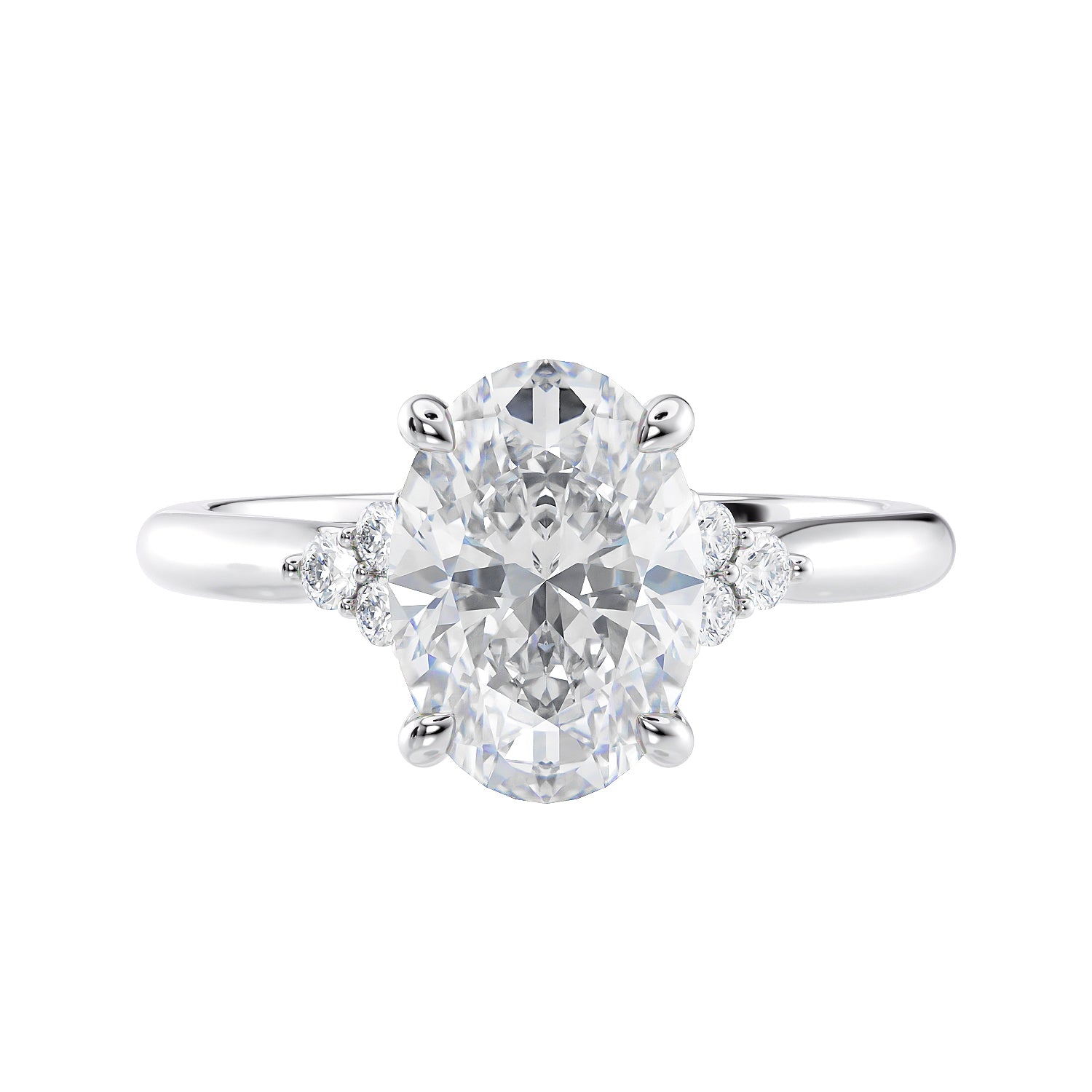 Oval diamond engagement ring with six accent shoulder diamonds 18ct white gold front view.