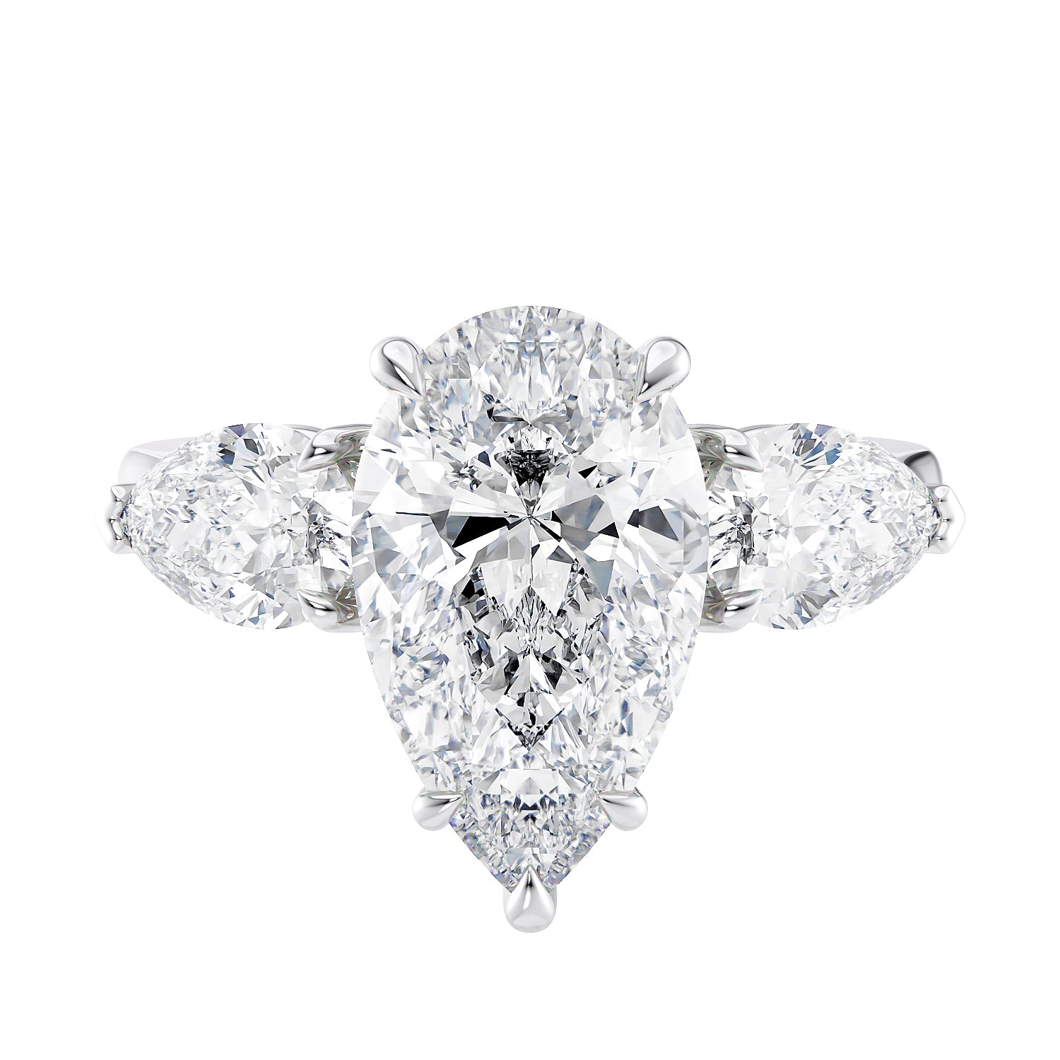3 stone pear cut lab diamond centre with pear cut shoulders engagement ring 18 carat white gold front view.